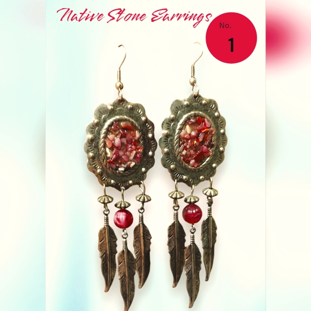 Native Stone Earrings! Silver Tone! Great Quality! 4" Long Dangle!